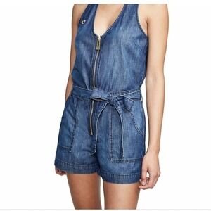 True Religion Denim Zip-Front‎ Romper Woman's XS Sleeveless Chambray Jumpsuit